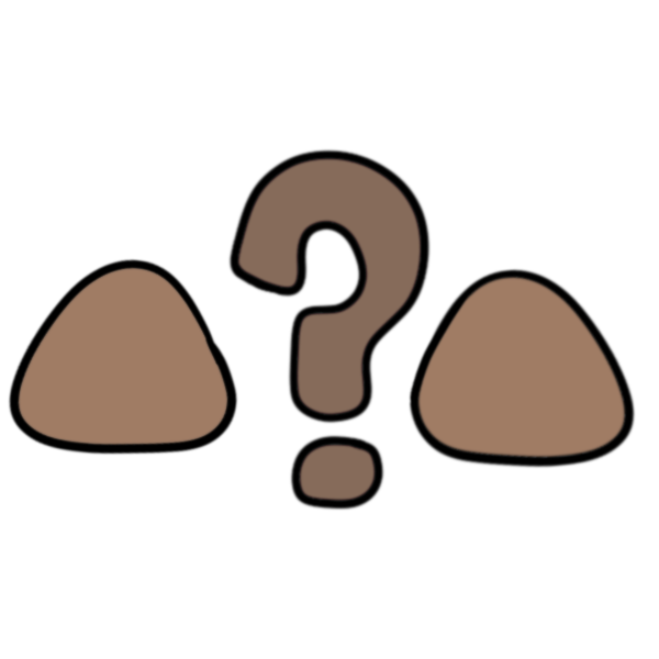 a brown question mark between two brown lumps.